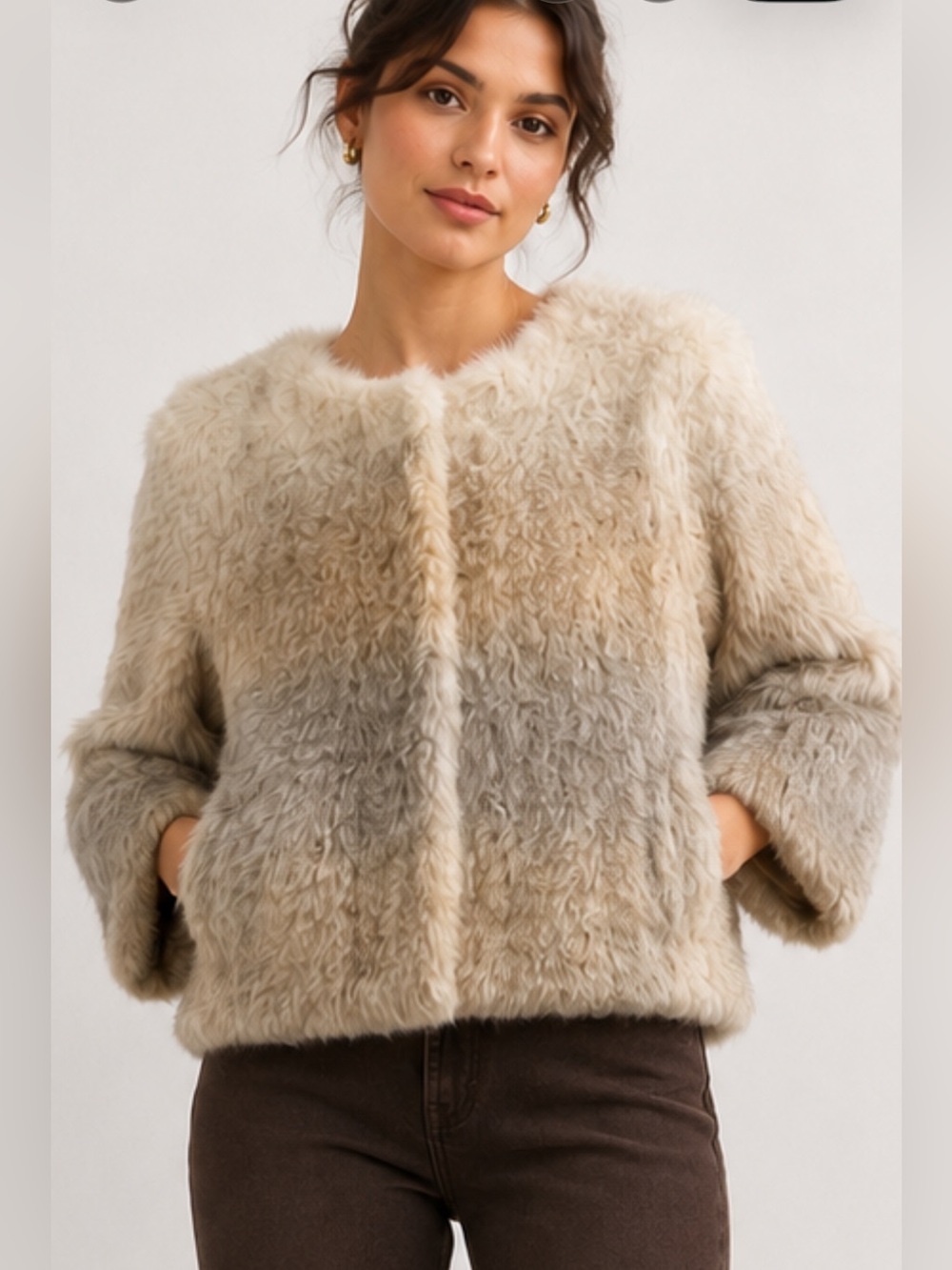 Ana Faux Fur Jacket in Cream Ombré 3/4 sleeve and pockets women’s